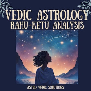 Könnte beinhalten: Illustration mit dem Text "VEDIC ASTROLOGY RAHU-KETU ANALYSIS" und "ASTRO VEDIC SOLUTIONS". Das Bild zeigt eine Person, die in einen Sternenhimmel blickt, mit Bergen und Wasser im Hintergrund. Die Farbpalette umfasst Blau-, Lila- und Orangetöne.