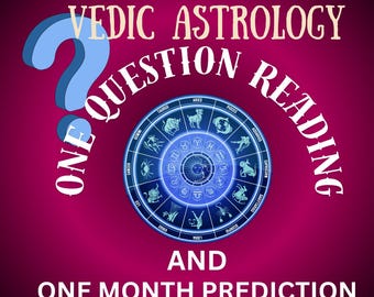 May include: A magenta graphic with the words "VEDIC ASTROLOGY QUESTION READING" and "ONE MONTH PREDICTION". A blue question mark and a circular zodiac chart are also featured. The text "Astro Vedic Solutions" is at the bottom.