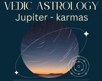 Puede incluir: Un fondo azul oscuro con texto blanco que dice "VEDIC ASTROLOGY Jupiter - karmas" y una ilustración blanca de un cielo nocturno estrellado con un círculo blanco alrededor. El texto "Astro Vedic Solutions" está en la parte inferior de la imagen.