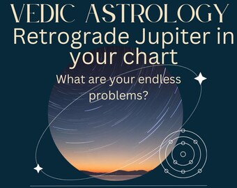 Puede incluir: Gráfico azul oscuro con el texto "VEDIC ASTROLOGY Retrograde Jupiter in your chart". La imagen incluye un cielo estrellado, un gráfico de planetas y la pregunta "What are your endless problems?" El texto "Astro Vedic Solutions" está en la parte inferior.