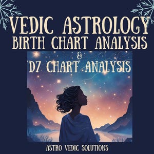 Może przedstawiać: Cyfrowa ilustracja z tekstem "Vedic Astrology Birth Chart Analysis & D7 Chart Analysis". Obraz przedstawia sylwetkę osoby patrzącej na gwiaździste niebo nad górami i wodą. Słowa "Astro Vedic Solutions" znajdują się na dole.