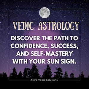 Könnte beinhalten: Ein violetter und schwarzer Sternenhimmel mit einem Vollmond. Der Text "VEDIC ASTROLOGY" ist in Weiß mit gelber Umrandung. Unter dem Text befindet sich eine weiße Nachricht mit gelber Umrandung, die lautet "DISCOVER THE PATH TO CONFIDENCE, SUCCESS, AND SELF-MASTERY WITH YOUR SUN SIGN." Der Text "Astro Vedic Solutions" ist in Weiß mit gelber Umrandung am unteren Rand des Bildes.
