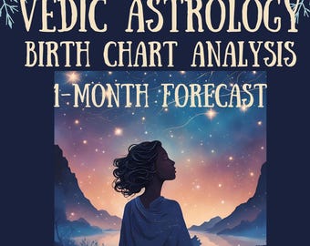 Puede incluir: Un fondo azul oscuro con un diseño de copo de nieve blanco en las esquinas superior izquierda y derecha. El texto "VEDIC ASTROLOGY BIRTH CHART ANALYSIS 1-MONTH FORECAST" está en texto blanco. La imagen presenta un cielo nocturno estrellado con una mujer mirando las estrellas. El texto "ASTRO VEDIC SOLUTIONS" está en la parte inferior de la imagen.