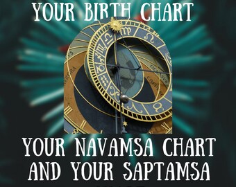 May include: An image featuring a detailed astronomical clock with zodiac symbols and the text "YOUR BIRTH CHART", "YOUR NAVAMSA CHART", and "YOUR SAPTAMSA CHART". The clock has gold and blue accents, set against a blurred teal background.