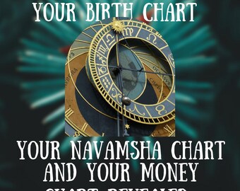 May include: Image features a detailed astrological chart with the text "YOUR BIRTH CHART" at the top. The chart has gold and blue accents, with zodiac symbols. The text "YOUR NAVAMSHA CHART AND YOUR MONEY CHART REVEALED" is at the bottom.