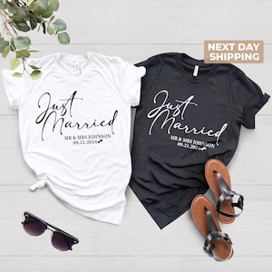 Just Married T-Shirt, Personalized Husband and Wife Couples Honeymoon T-Shirt, Finally Matching Wedding Tee, Mr and Mrs Any Name Any Date
