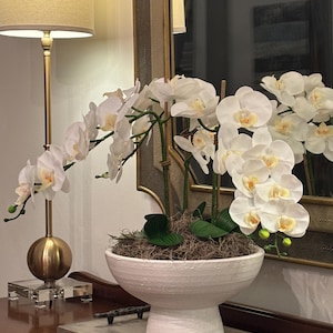 Real Touch Orchid Arrangement- SHIPS FREE   White Orchids in White Pedastal Bowl; Artificial Orchid Arrangement