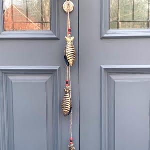 Recycled Iron Fish Bells with Beads on Jute rope Handmade 3 Fish Bell String in Antique Finish Hanging Chime,Farmhouse, Nautical,Beach Decor