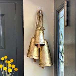 Set of 3 Handmade Rustic Iron Cone-Shaped Bells in Antique Gold Finish Wooden Clapper Vintage Holiday Decor Christmas wreath Hanging Display
