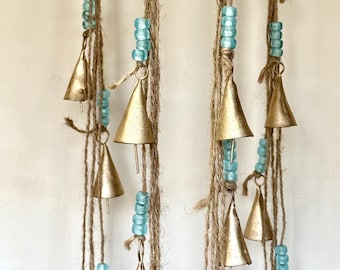 6 Cone Bells on String with Blue Glass Beads, Rustic Windchime,Handmade Boho Door Hanging,Ethnic Wall Decor,Good Luck Feng Shui Bell Garland