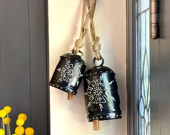 Set of 2 Hand Painted Black Iron Cow Bells Rustic Garden decor Bells Rustic Farmhouse Home decor Standing Bells for Mantel, Christmas Decor