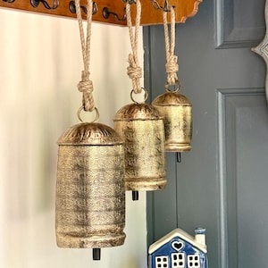 Set of 3 large Iron Cow Bells Hanging Garden Bells Handmade Indian Bells Outdoor Patio Home decor Bells Farmhouse Wall Hanging Cow Bells