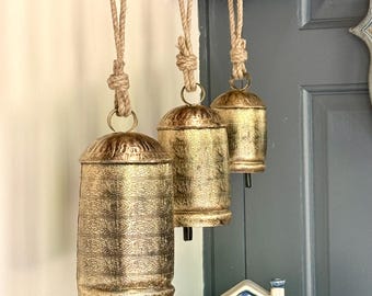 Set of 3 large Iron Cow Bells Hanging Garden Bells Handmade Indian Bells Outdoor Patio Home decor Bells Farmhouse Wall Hanging Cow Bells