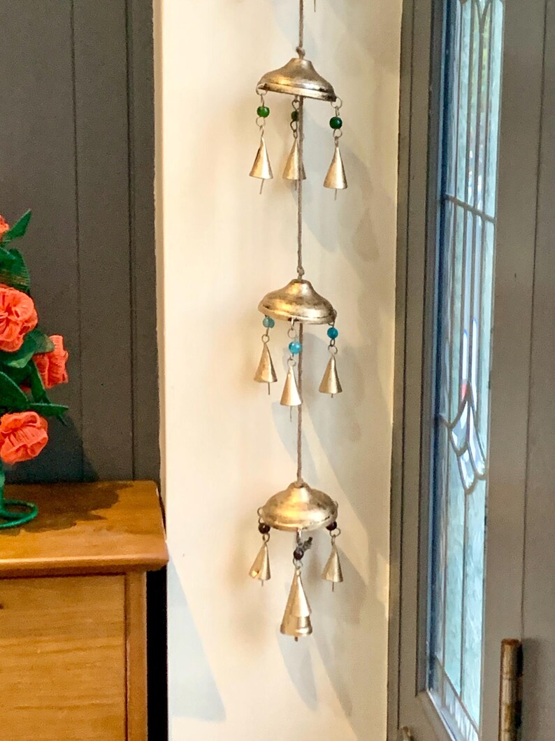 HANGING Bells on Umbrella DECORATION Indian Wall Door Window Hanging Iron cone Bells Chimes Mobiles Wind Chimes Bells Decorations Boho decor image 2