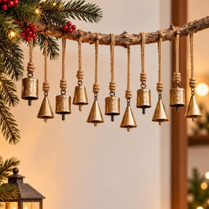 May include: A decorative garland featuring eleven brass bells of varying shapes, including cylindrical and conical designs, each suspended by a knotted jute twine cord from a natural wooden branch adorned with green pine needles and red berries.
