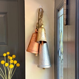 Set of 3 Rustic Iron Cone-Shaped Bells in Silver, Copper, Gold Finish with Jute Rope Vintage Holiday Decor Christmas wreath Hanging Display