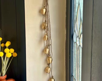 Rustic Iron Cow Bell Garland, Jute Rope, Farmhouse Wind Chime