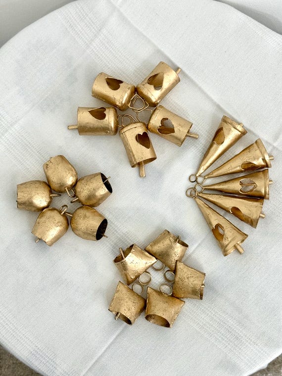 Set of 20 Rustic Gold Iron Bells, Christmas Decor, Craft Supplies for wreath, Cow and cone shape metal bells for garlands home decor gifts