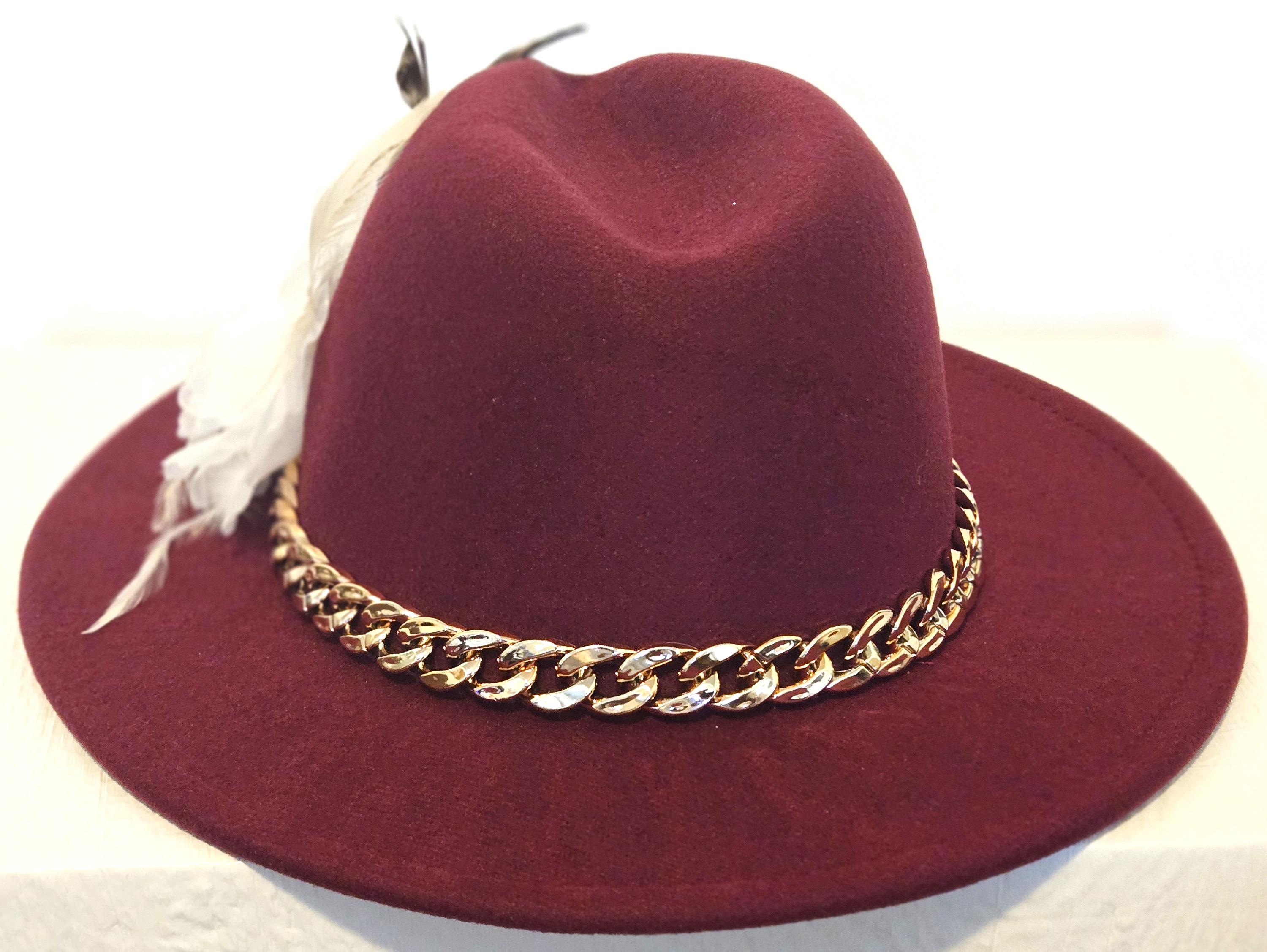 Wool Felt Wide-Brim Hat with Burgundy Band and Gold Chain Accent Burgundy Wide-Brim Felt Hat | Gold Accent Band Church & Fall  main image 2