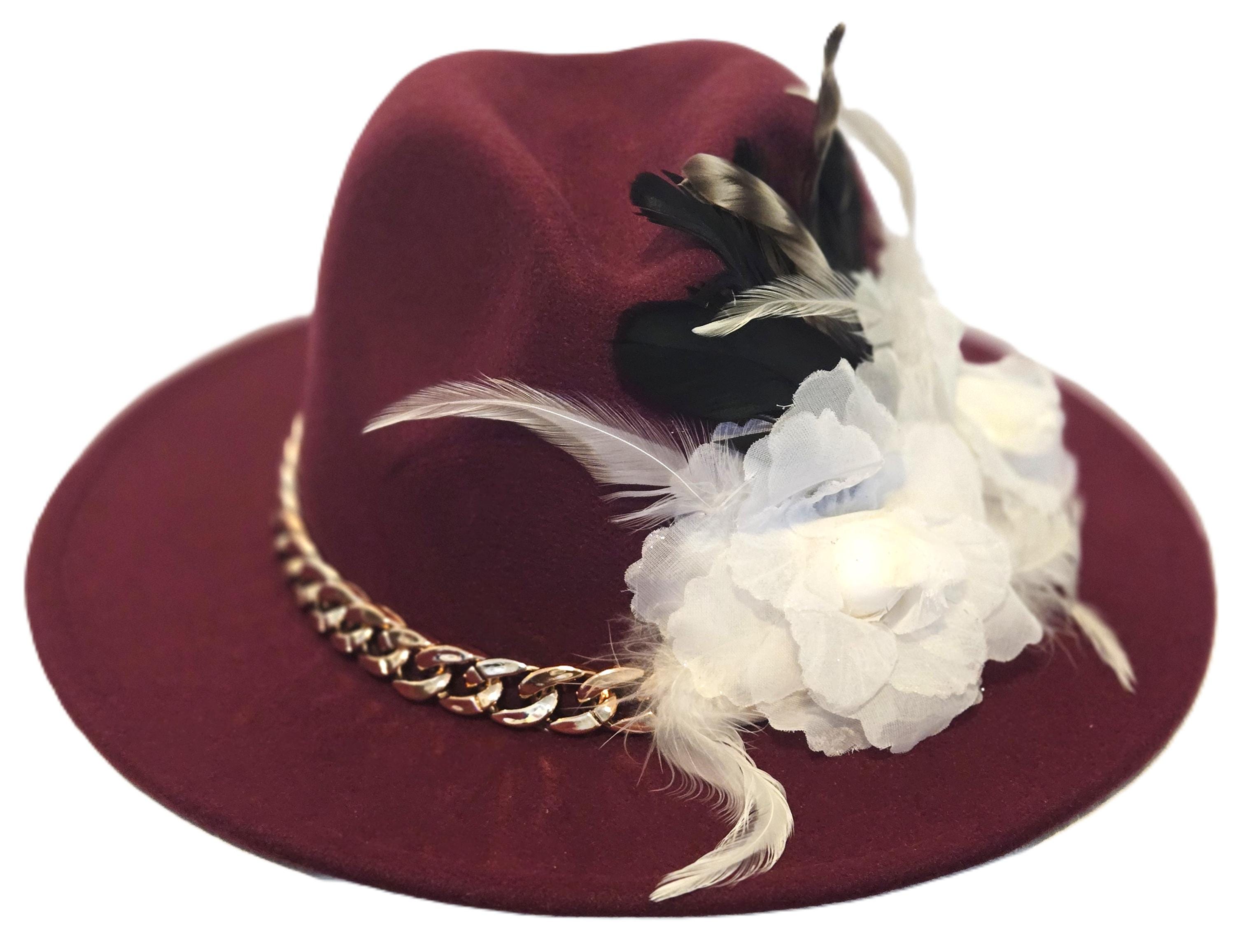 Wool Felt Wide-Brim Hat with Burgundy Band and Gold Chain Accent Burgundy Wide-Brim Felt Hat | Gold Accent Band Church & Fall  main image 4
