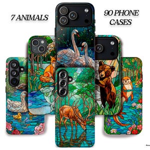 May include: A collection of phone cases featuring stained glass style illustrations of animals including swans, a fox, a duck, a deer, a bear, and an otter in natural settings. The text 7 ANIMALS and 90 PHONE CASES is visible at the top.