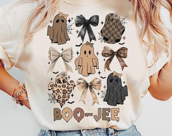 Lindo fantasma Boo Jee PNG, diseño de Halloween elegante, gráfico de fantasma con lazo coqueto, camiseta de mamá espeluznante, regalo de Halloween para chicas, sublimación de fantasma lindo