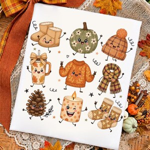 May include: A white rectangular surface featuring a collection of cartoon illustrations including tan boots, a green pumpkin with white flowers, a plaid beanie, a coffee cup, an orange sweater, a plaid scarf, a pinecone, a candle, and socks.