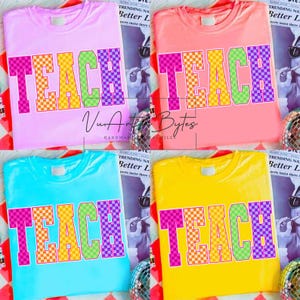 Neon Checkered TEACH PNG, Teacher Back to School PNG Neon Disstressed, Coquette 1st 2nd 3rd Grade Teacher Png, Hand Drawn,Colorful