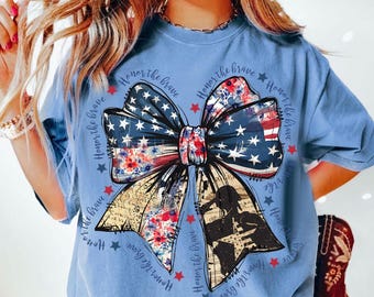 Coquette Girl & Bow PNG, Honor the Brave 4th of July Sublimation, Freedom, USA Flag, America Patriotic Shirt PNG Design