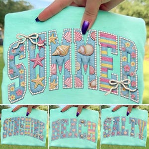 Paquete de PNG de verano, diseño de vacaciones playeras coquetas con patchwork, camisa floral costera con perlas, patchwork de conchas marinas azules, estilo playero moderno