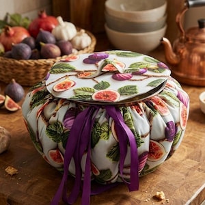 May include: A round fabric container with a fig pattern, featuring purple ribbons. The lid also has a fig design. The container is on a wooden surface, with figs and pomegranates in the background. The container is approximately 20 cm in diameter.
