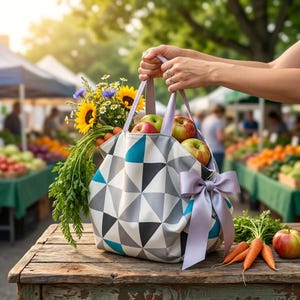 Puede incluir: Un bolso tote con estampado geométrico lleno de manzanas, girasoles y zanahorias. El bolso tiene un diseño de triángulo gris, blanco y turquesa y un lazo lavanda. La escena tiene lugar en una mesa de madera en un mercado.