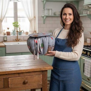 Könnte beinhalten: Ein grauer, runder, isolierter Auflaufbehälter mit einem festlichen Muster aus Rentieren und Weihnachtsdekorationen. Der Behälter hat einen Deckel und ist mit grauen Bändern gebunden. Der Behälter wird in einer Küche gehalten.