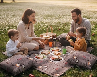 Brown Striped Picnic Blanket Set: Cushions, Tablecloth & Carry Bag