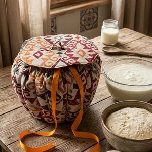 May include: A round fabric bread warmer with a patterned lid and orange ribbon ties sits on a wooden table. The lid features a geometric design in red, orange, and cream. Bowls of ingredients and a jar of milk are nearby.