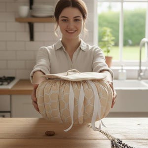 May include: A round, beige fabric storage container with a white trellis pattern and white ribbon ties. The container has a matching lid and is held by a person in a kitchen setting. A sprig of lavender rests on the wooden table.