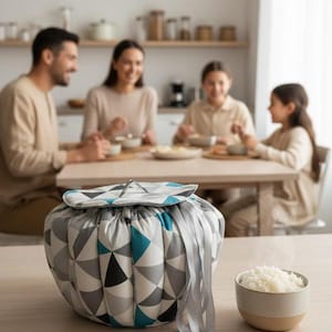 Può includere: Una borsa per il pranzo rotonda, con un motivo geometrico nei toni del grigio, verde acqua e bianco, è appoggiata su un tavolo di legno. Dei nastri grigi pendono dalla borsa. Una piccola ciotola di riso bianco è accanto alla borsa. Una famiglia è seduta a un tavolo sullo sfondo.