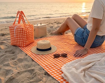 Orange Gingham Picnic Set with Cushions, Foldable Picnic Blanket 130x130 cm, Insulated Carry Bag, Outdoor Family Picnic Set