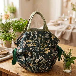 Puede incluir: Un bolso tote con estampado floral verde oscuro con asas y lazos de cinta verde oliva. La bolsa está sobre una mesa de madera. El estampado floral incluye flores blancas, amarillas y rosas y hojas verdes.