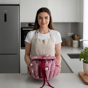 Könnte beinhalten: Eine Frau hält eine bordeauxrot-weiß gemusterte Tasche mit passendem Deckel und bordeauxfarbenem Band. Die Tasche hat eine runde Form und ist mit kleinen, weißen kreisförmigen Akzenten verziert. Die Frau trägt ein weißes T-Shirt und eine beige Schürze.