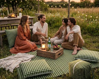 Conjunto de picnic a cuadros con 4 cojines y manta, bolsa de transporte hecha a mano, manta de picnic impermeable, caja de picnic moderna, kit de picnic para 4 personas.