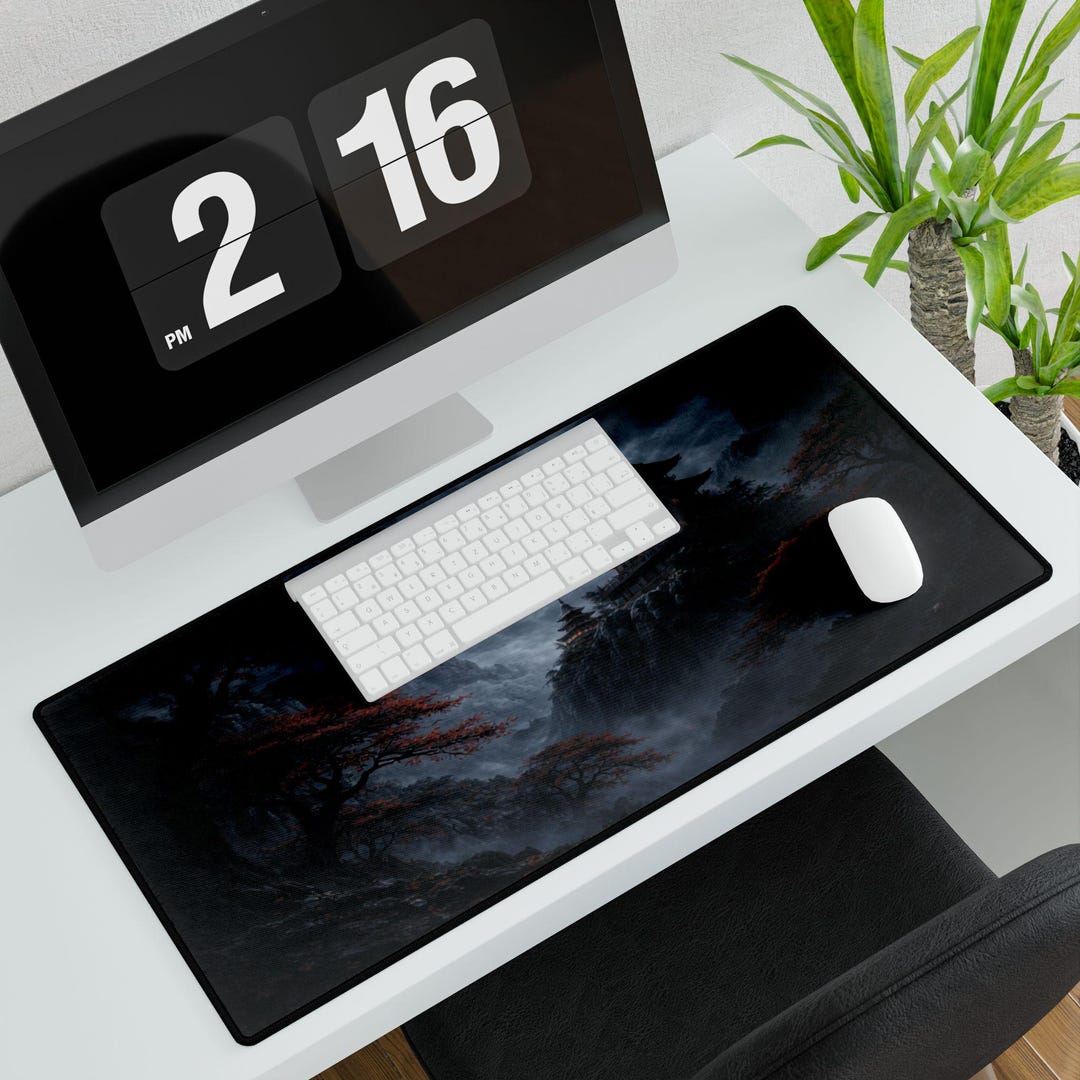 Moonlit Japanese Pagoda Desk Mat | Dark Forest Landscape Mousepad - Etsy