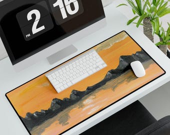 Sunset Mountain Landscape Desk Mat | Orange Lake Reflection