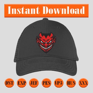 May include: A dark gray trucker hat with a red devil face design. The devil face has a wide grin and horns. The text "Instant Download" is above the hat in an orange rectangle. Embroidery file formats are listed below the hat.