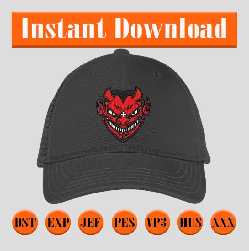 May include: A dark gray trucker hat with a red devil face design. The devil face has a wide grin and horns. The text "Instant Download" is above the hat in an orange rectangle. Embroidery file formats are listed below the hat.