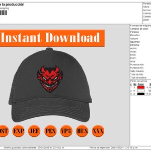 May include: A black baseball cap with a red devil face embroidered on the front. The text "Instant Download" is in an orange rectangle above the cap. The design is for embroidery.
