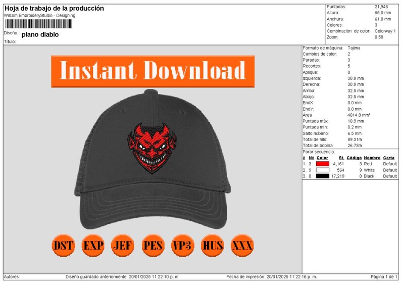 May include: A black baseball cap with a red devil face embroidered on the front. The text "Instant Download" is in an orange rectangle above the cap. The design is for embroidery.