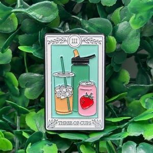 Three of Cups Tarot Card Enamel Pin – Cute Drinks Lapel Pin, Coffee & Soda Gift, Friendship Celebration Pin