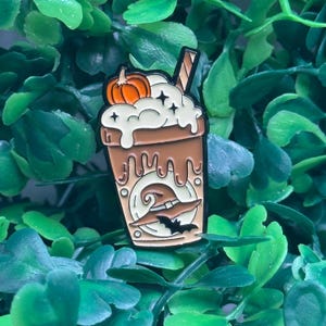 Witchy Pumpkin Drink Enamel Pin | Halloween Coffee Pin | Bat & Moon Cup Pin | Fall Aesthetic Accessory | Spooky Cute Lapel Pin