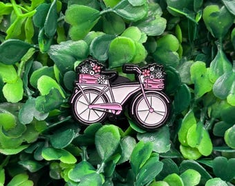 Pink Bicycle with Flowers Enamel Pin – Cute Bike Lapel Pin